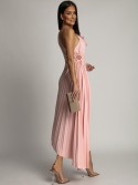 Elegant pleated dress with a flower, powder pink AZRHP6987